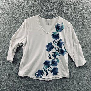 WeekendsChicos Women Top‎ 2 Large White Blue Floral 3/4 Sleeve Pullover Shirt